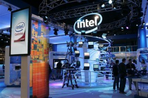 Workers prepare an Intel booth for the CES in Las Vegas