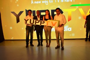 YuppTV India Launch - From Left to Right - Mr Uday Reddy Founder and CEO of Yupp Tv with Mr Brian Lara, Ms Pariniti CHopra ad Mr K T Rama Rao the IT and Panchayat Raj Minister of Telangana