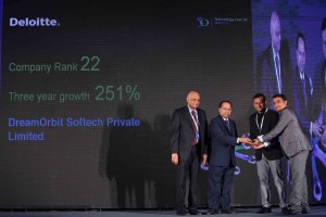 Sanchit Jain, CEO, DreamOrbit (2nd from Right) receiving the Deloitte Technology Fast50 India 2015 Award