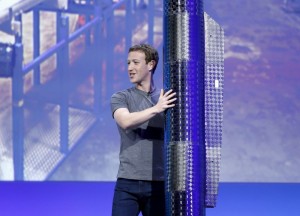 File photo of Facebook CEO Mark Zuckerberg holding  a propeller pod of the solar-powered Aquila drone during the Facebook F8 conference in San Francisco, California