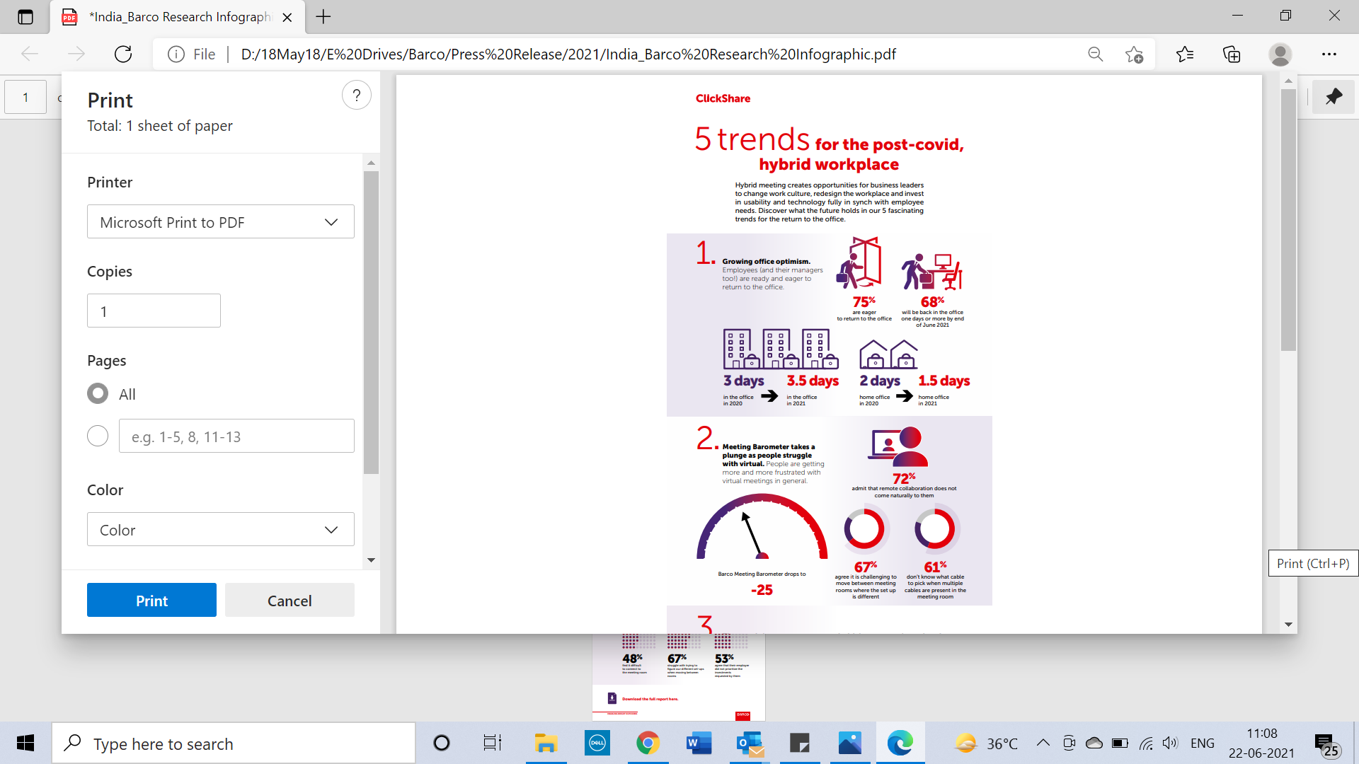 Barco ClickShare, global leader in visualisation and collaboration solutions, has revealed the results from its annual research on meeting trends and engagement. As the Meeting Barometer, Barco's meeting quality index, takes a plunge from +17 in 2020 to -25 now, the report marks five trends in work and meeting on the verge of returning to the office post-Covid. Hybrid meetings create opportunities for business leaders to change work culture, redesign the workplace and invest in usability and technology fully in sync with employee needs. Rajiv Bhalla, Managing Director, Barco India, “Technically, the old argument about which tasks can or cannot be done remotely has been dispensed within the last 12-14 months. More than productivity, concerns regarding hybrid working are all about employees – about bonding, connection, job security, innovation, access, culture and control. We need to realistically navigate towards an office where everyone can thrive, businesses as well as people. Meetings are at the centre of engagement in hybrid workplaces and can make a real impact on business outcomes starting from an employee-centric mindset. Visual tools are important for intimacy, to establish bonding with the remote worker, to share work progress, address the gaps, conveying urgency, ensuring deadlines. Tech exhaustion will be minimised if we match the right tools in the right proportion.” In our newest, international survey we continued to monitor the engagement and needs of employees in meetings. We discovered 5 trending topics that business leaders can simply not ignore when preparing for a flexible, hybrid future: Office optimism returns. Back to office scenarios are not only pushed by C-level management, but they are also completely in line with what employees want. More than 75% of Indian respondents are ready to return to the office, while 68% are expected to be back in the office one or more days by the end of June 2021. They want to work less from home than 6 months ago (2 days in 2020 – 1.5 days in 2021). The Barco Meeting Barometer takes a plunge as people struggle with an overload of virtual meetings. An index of -25, compared to +17 in 2020 and +63 in 2019, clearly shows that meetings deteriorate. 72% feel remote collaboration does not come naturally. The search for more engagement drives us away from virtual. We look for more in-person meetings and less virtual interactions. 1 in 2 employees goes back to the office to host a meeting (60%). The preference for hybrid, in-person or virtual, meetings depend on the purpose and type of a meeting, as well as on the number of meeting participants. High engagement activities like decision-making, solution-solving or relationship-building require office-based meetings. The laptop is our interface to the world. As the preference for people-centric tech becomes clearer, the laptop remains the number one tool for 85% of employees to host videocalls from. Traditional in-room systems are no longer preferred, in favor of BYOD and BYOM. The employee-centric workplace arises. Hybrid meeting investments should be in sync with employee expectations on how and where they want to work and collaborate. 53% believe that the company has not prioritized the investments they needed for better hybrid collaboration while 71% think that all meeting rooms need to be equipped with videoconferencing technology. The time for workplace change is now The emerging hybrid workplace isn’t just about simply going back to our old-ways or about drastically changing present-day, virtual habits. It will be a careful balance between employee needs and business goals. For companies to daily bridge the gap between in-office and remote workers and allow them to be truly productive in meetings, both a change in work culture and technology investments like usability, BYOM and video solutions, will be crucial. In addition, our report includes 3 main take-aways that will enable decision-makers to anticipate and keep ahead of competition, as they shape the hybrid workplace moving forward: Re-connecting with the organization and with colleagues is crucial for employee engagement and retention. 81% of employees think their employer should start preparing for hybrid work now. One size does not fit all. Not all meetings are equal, not all employees have the same needs or requirements for collaboration. There are many differences across generations, gender, department and seniority level. Companies need to develop workplace strategies that allow for this kind of flexibility and empower employees to work the way they want. Bring Your Own Meeting (BYOM) is the employee’s preferred choice for connecting to the world and to co-workers. The laptop is the heart of the meeting room eco-system and employees want to work with wireless & touchless meeting room tech that allows BYOM. 87% believe that easy-to-use technology can make for a better meeting.