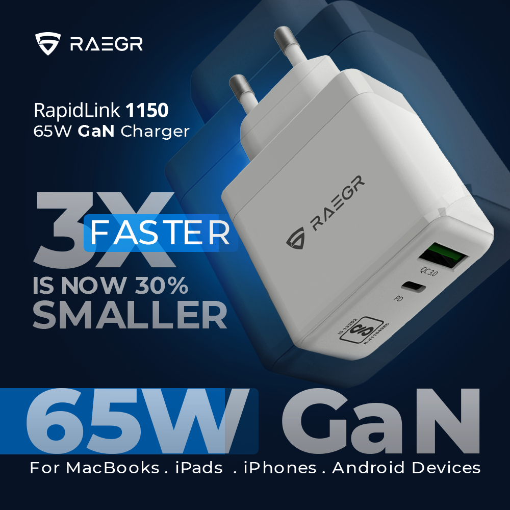 RAEGR launches ‘RapidLink 1150’ – 65W PD + USB Dual GaN charger for smartphones, tablets, notebooks and game consoles
