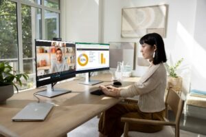 The HP E-Series Conferencing Monitors feature a 5MP tiltable privacy webcam, Windows Hello login, noise cancelling mics, and improved lighting sensors for excellent video conferencing experiences all day, every day.