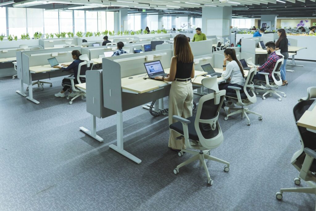 The office also includes height adjustable workstations for better ergonomics, which can also be used as standing desks