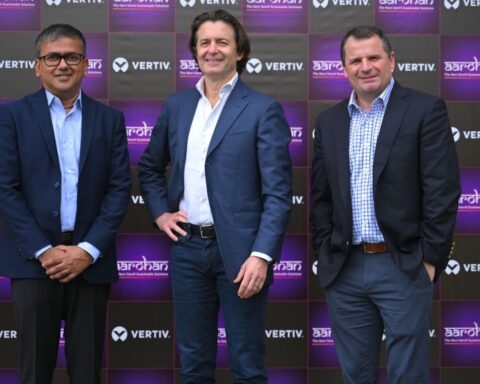 Caption for the photo: At the launch of Vertiv's new manufacturing plant in Chakan, Pune From left to right - Subhasis Majumdar, Managing Director, Vertiv India, Giordano Albertazzi, CEO, Vertiv and David Fallon, Chief Financial Officer, Vertiv
