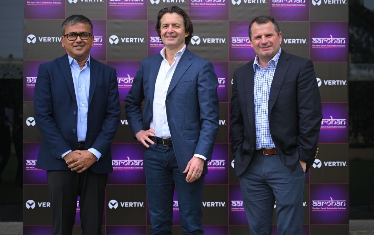 Caption for the photo: At the launch of Vertiv's new manufacturing plant in Chakan, Pune From left to right - Subhasis Majumdar, Managing Director, Vertiv India, Giordano Albertazzi, CEO, Vertiv and David Fallon, Chief Financial Officer, Vertiv